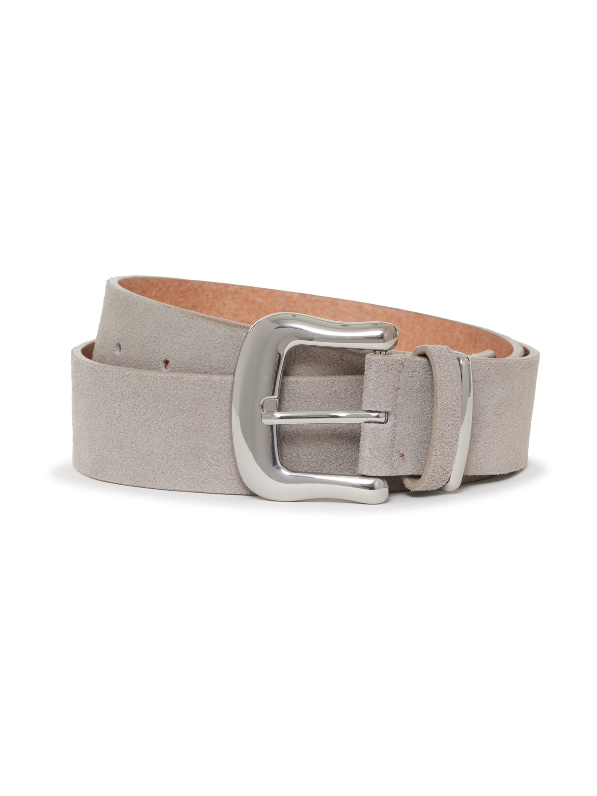 The Rowan Belt Stone by Sanctuary Clothing, featuring light grey suede and a shiny silver buckle, is rolled up neatly against a white background.