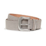 The Rowan Belt Stone by Sanctuary Clothing, featuring light grey suede and a shiny silver buckle, is rolled up neatly against a white background.