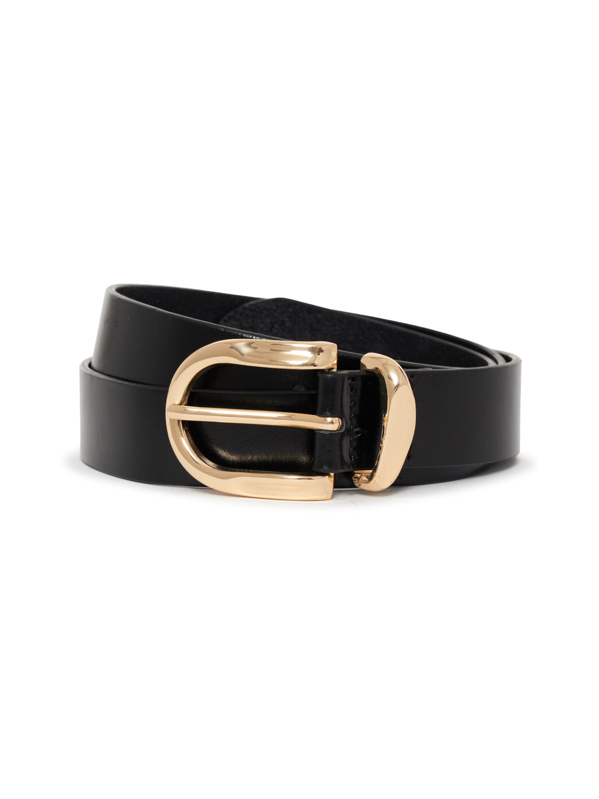 The All Day Belt Black by Sanctuary Clothing features black leather and a shiny gold rounded buckle, coiled neatly on a white background.