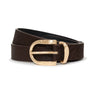The Sanctuary Clothing All Day Calf Hair Belt in Choco Brown features a dark brown calf hair finish and a shiny gold oval buckle, coiled neatly against a white background.