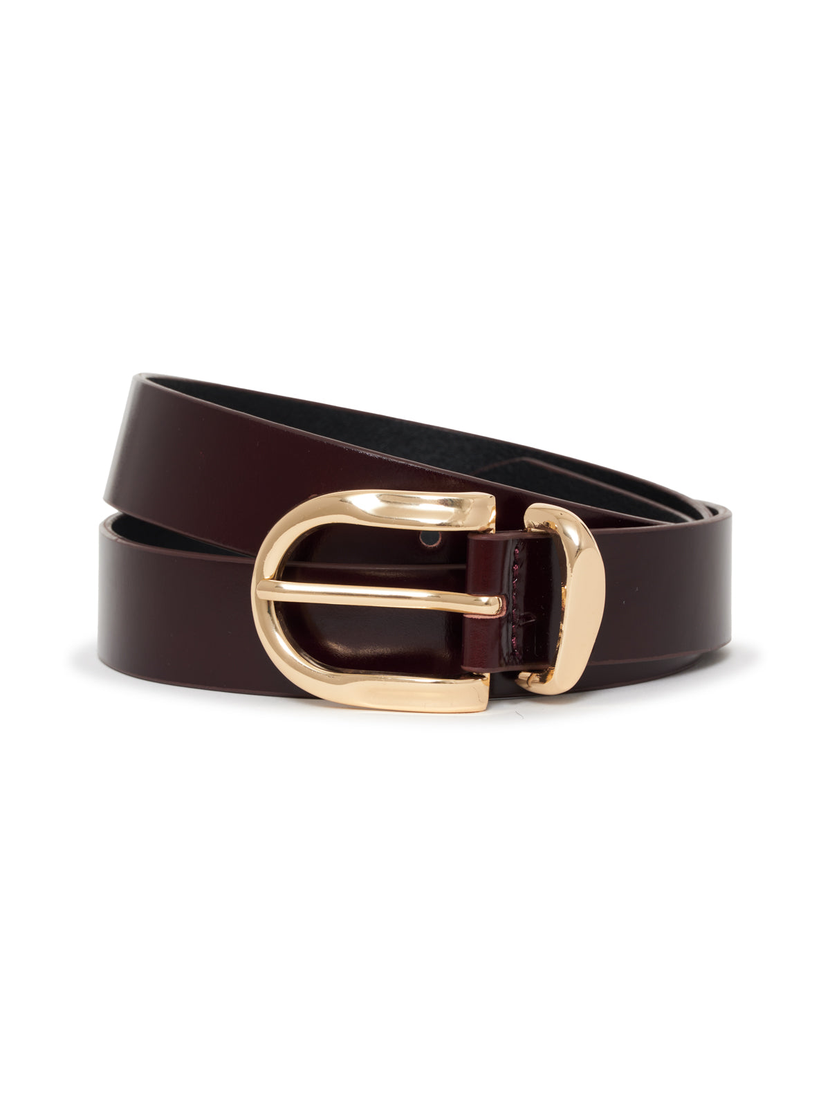 The Sanctuary Clothing All Day Belt in Dark Crimson features a shiny gold buckle and is coiled neatly against a white background.