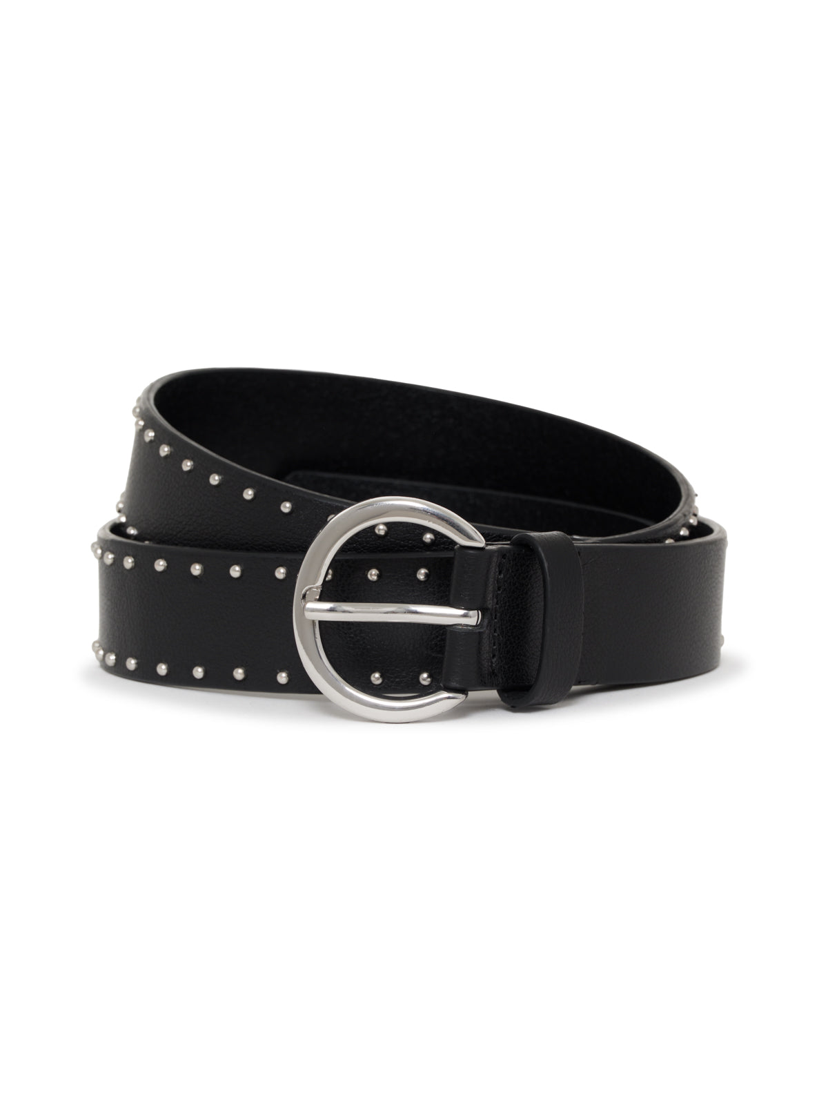 The Riot Belt Black by Sanctuary Clothing is a black leather belt with small silver studs along the edges and a round silver buckle, coiled neatly against a white background.