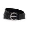 The Riot Belt Black by Sanctuary Clothing is a black leather belt with small silver studs along the edges and a round silver buckle, coiled neatly against a white background.