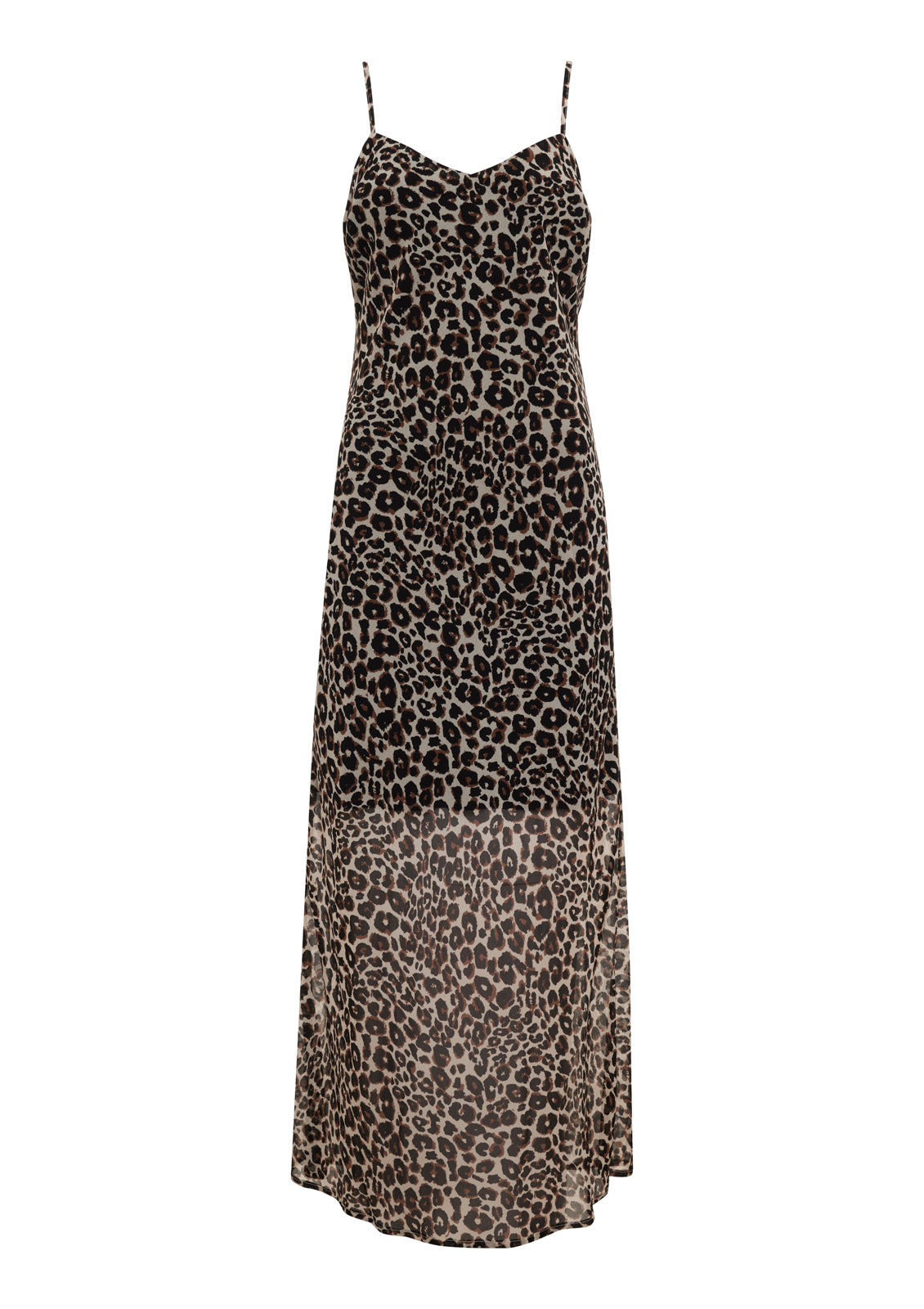 The effortless slip dress meow by Sanctuary Clothing is a sleeveless, ankle-length dress with thin spaghetti straps and an all-over brown and black leopard print.