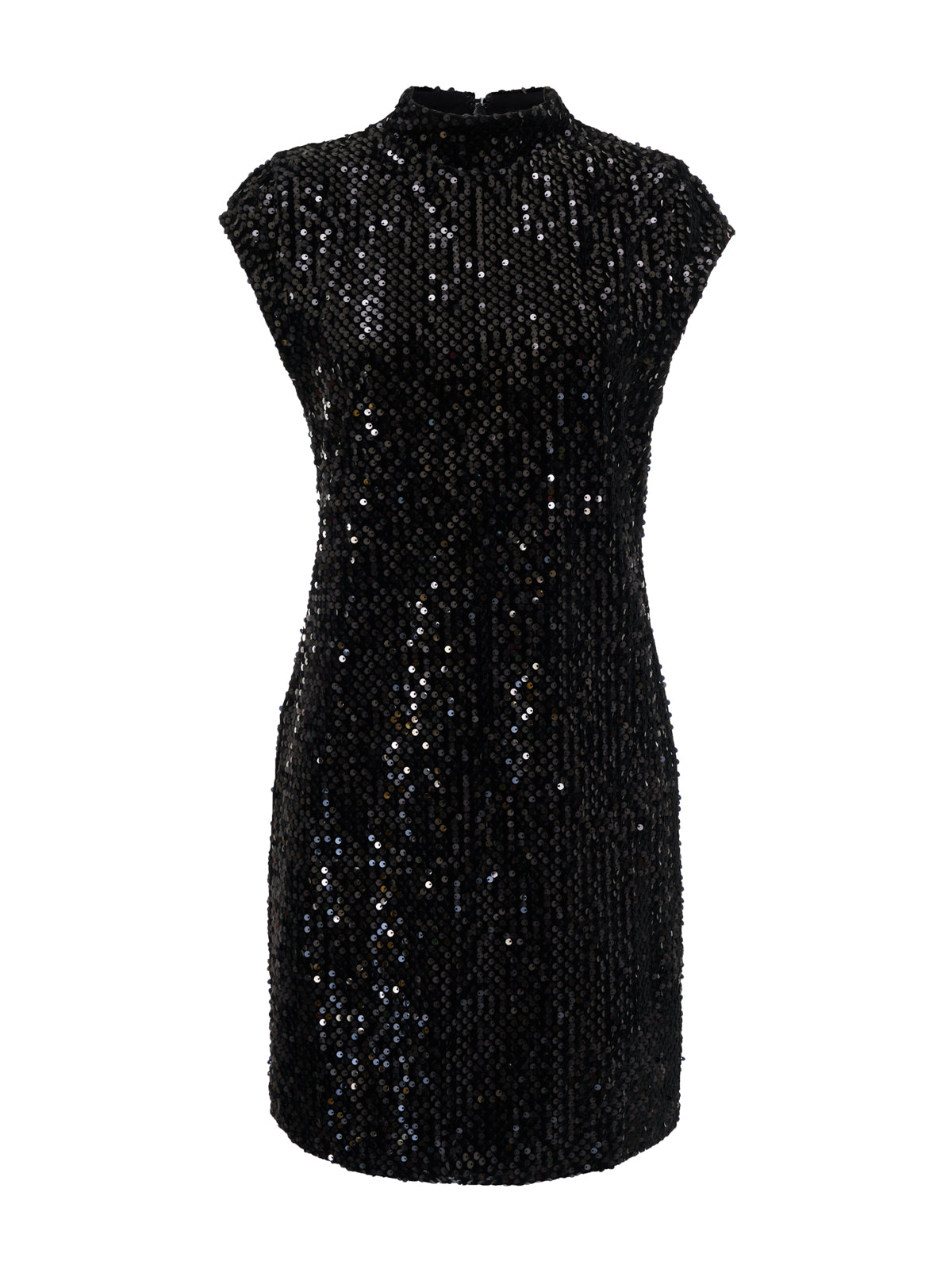Sanctuary Clothing's "An Affair to Remember" dress in black features a fitted, sleeveless silhouette with a high neckline, knee-length hem, and is covered in shiny sequins.