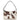 A rectangular shoulder bag with a single strap, covered in white cowhide with irregular brown patches, viewed from the front against a plain white background.