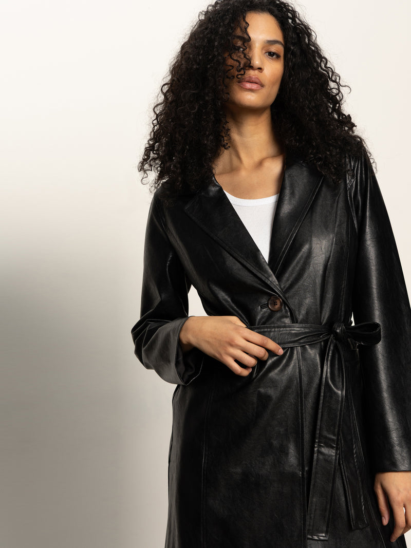 Vegan Leather Coat Black alt 2