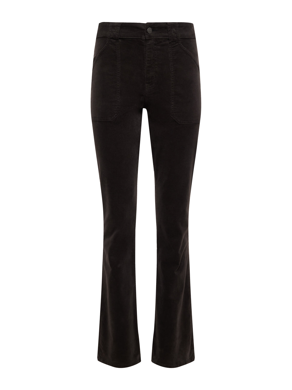 The corduroy hayden bootcut pant semi sweet by Sanctuary Clothing features a black, high-waisted design with front patch pockets and a slight flare at the ankles, shown against a white background.