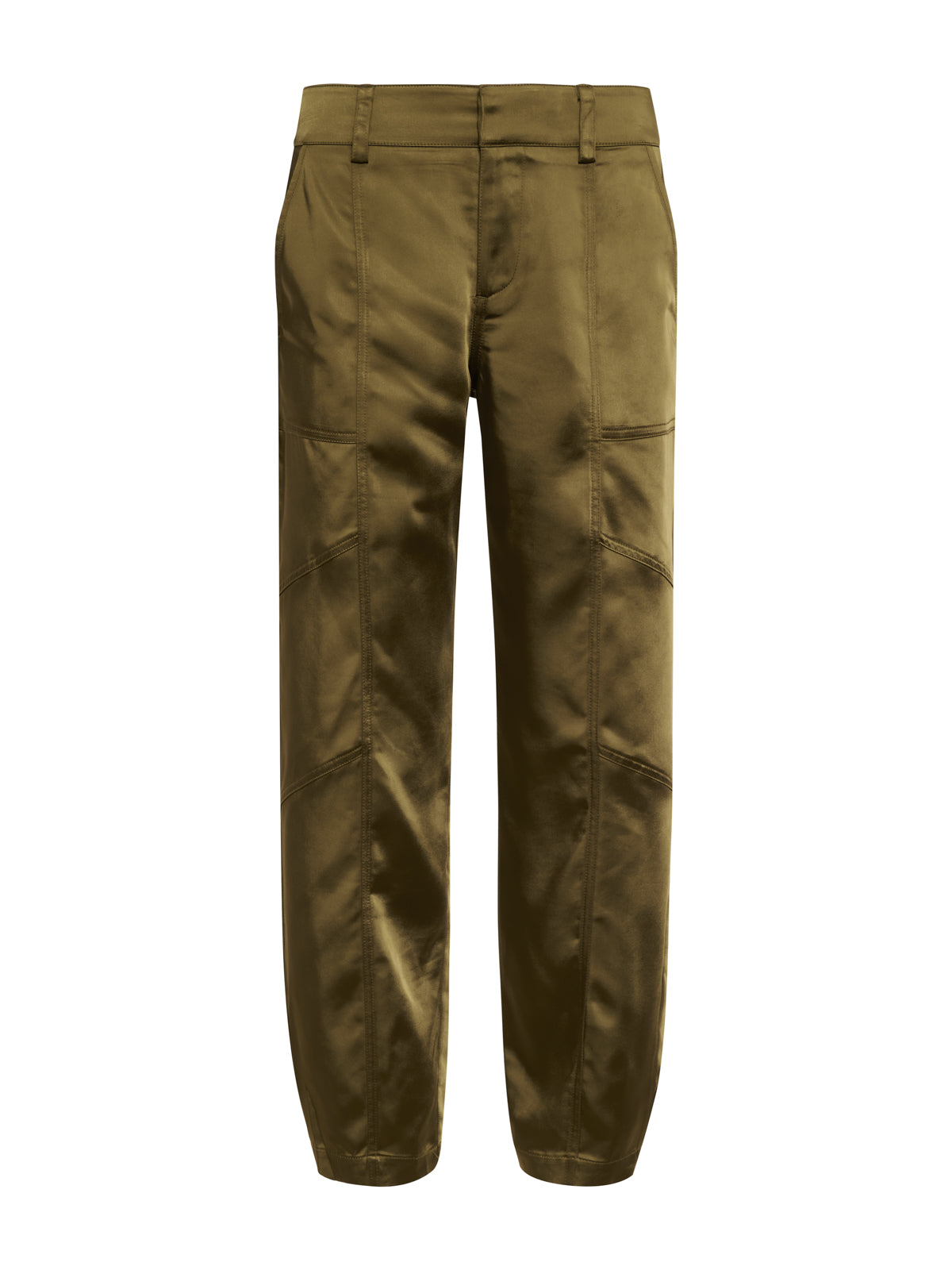 The sahara satin tapered pant in Dirty Martini by Sanctuary Clothing features visible seam details, side pockets, belt loops, and a slightly tapered ankle. Displayed against a white background.