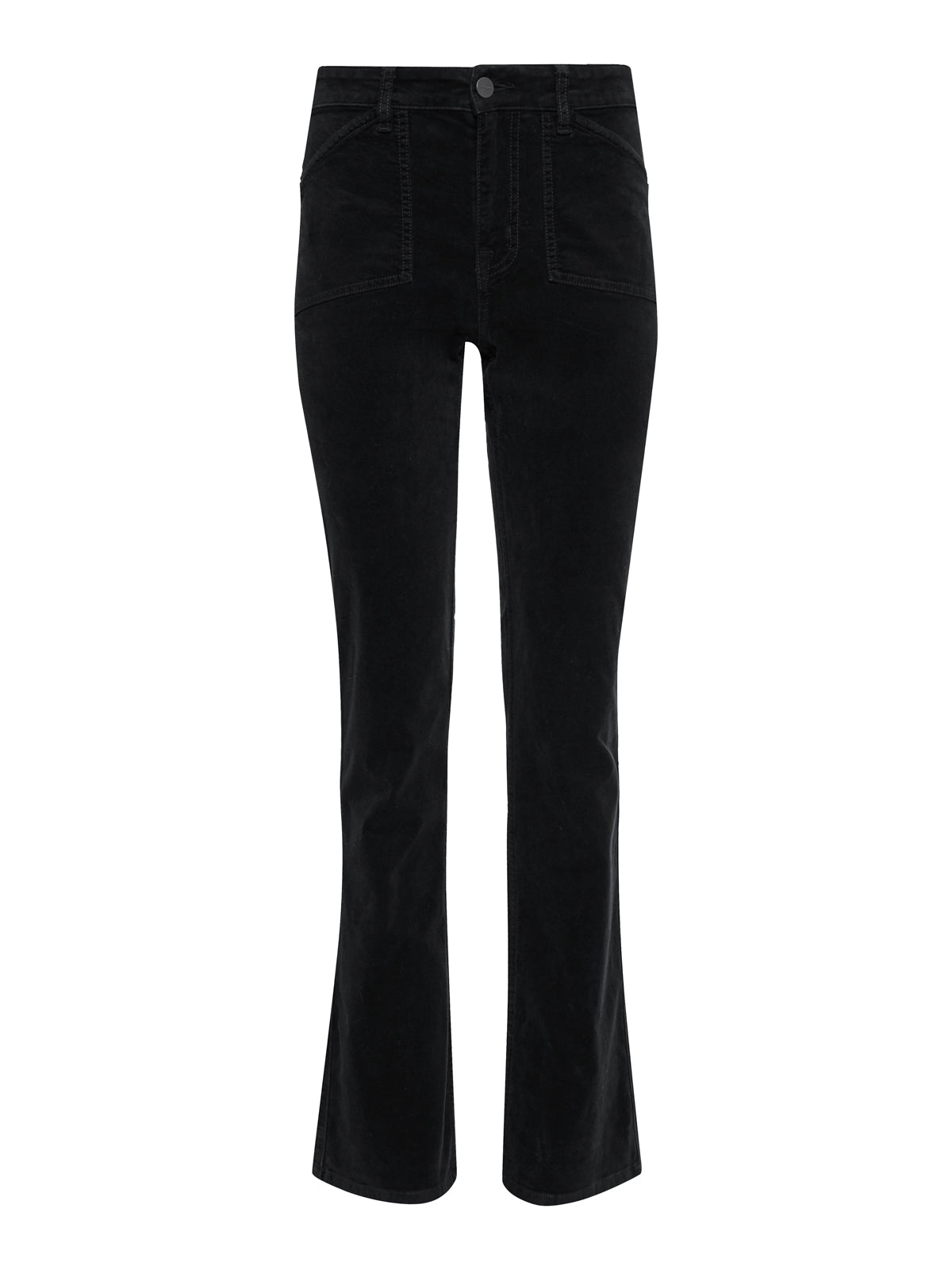 The Sanctuary Clothing velveteen brook bootcut pant in black petites features a high waist, front and back pockets, belt loops, and a button closure, shown against a white background.