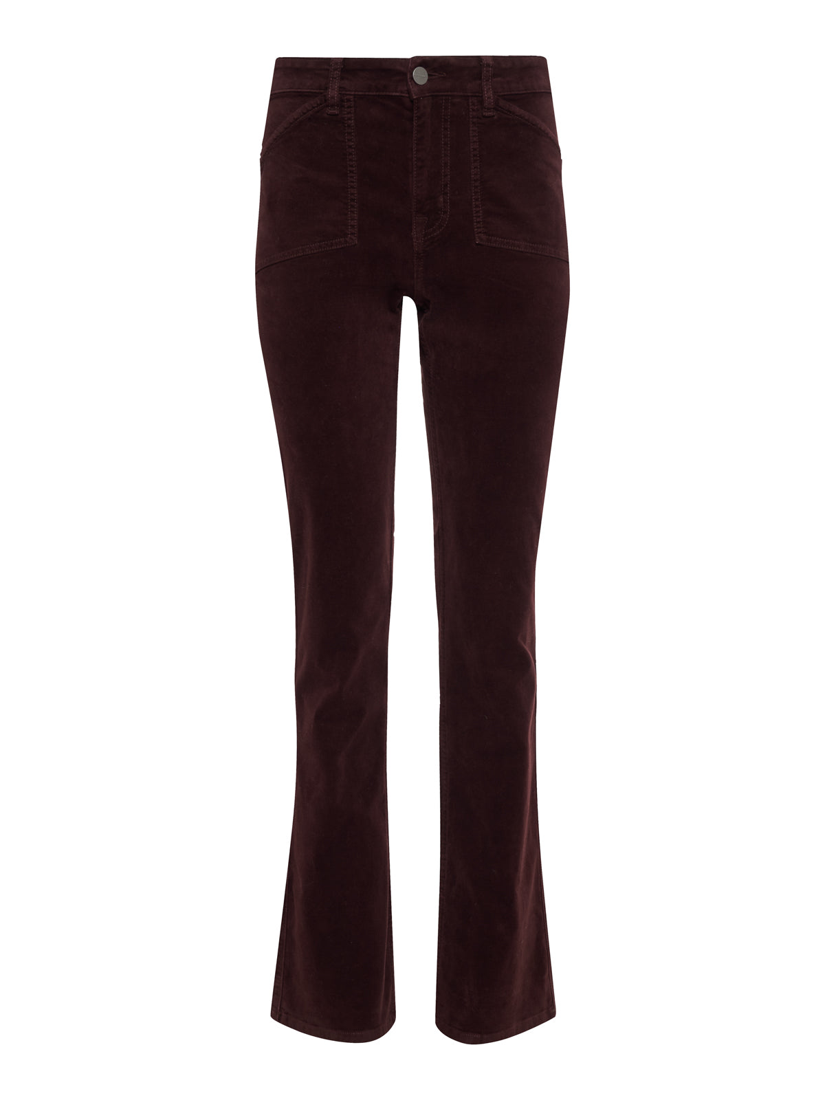 The Sanctuary Clothing velveteen brook bootcut pant in dark crimson for petites features a high waist, button closure, front pockets, and slightly flared legs, shown against a white background.