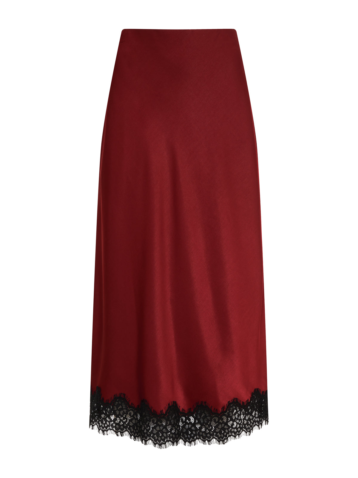 Red skirt with black lace hem on a white background