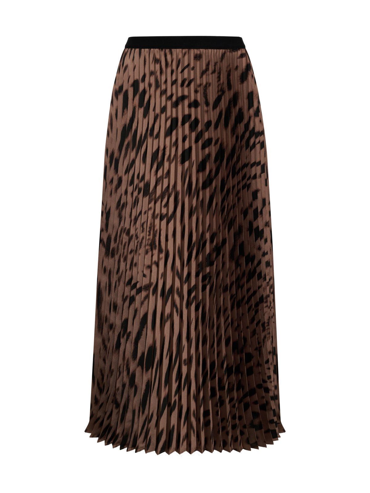 The nostalgia pleated midi skirt mocha leo by Sanctuary Clothing features a brown and black animal print, pleated design, and an elastic black waistband, shown against a white background.