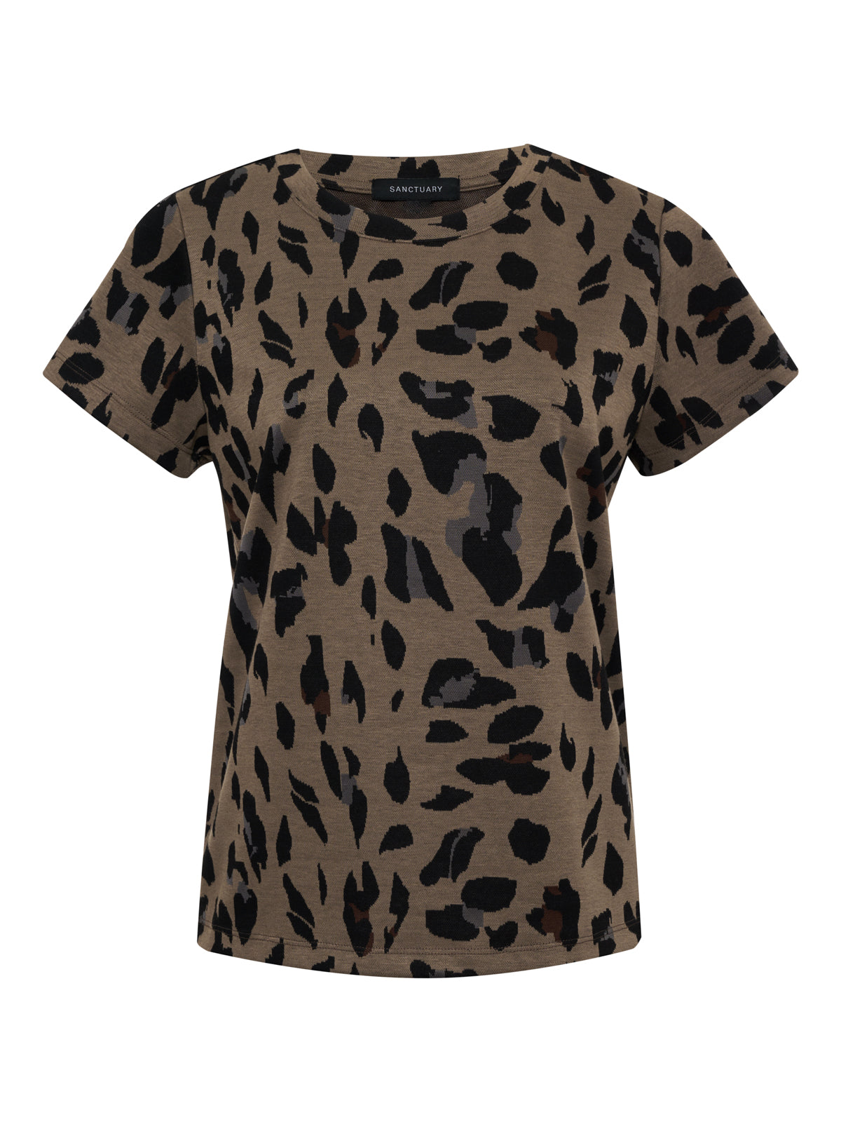 The Sanctuary Clothing double knit perfect tee winter leopard is a short-sleeve, crew neck t-shirt with a brown base and bold black and dark brown leopard print.