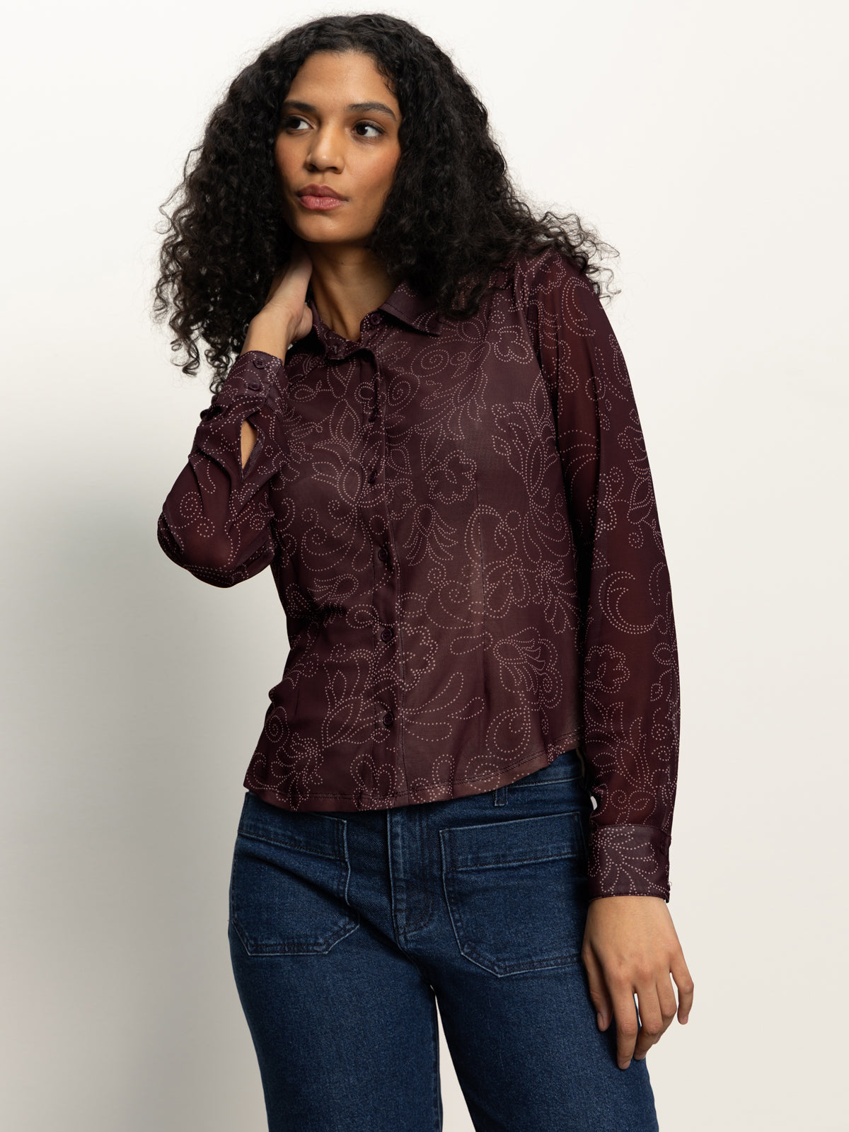 Fitted Mesh Button Down Top Boheme