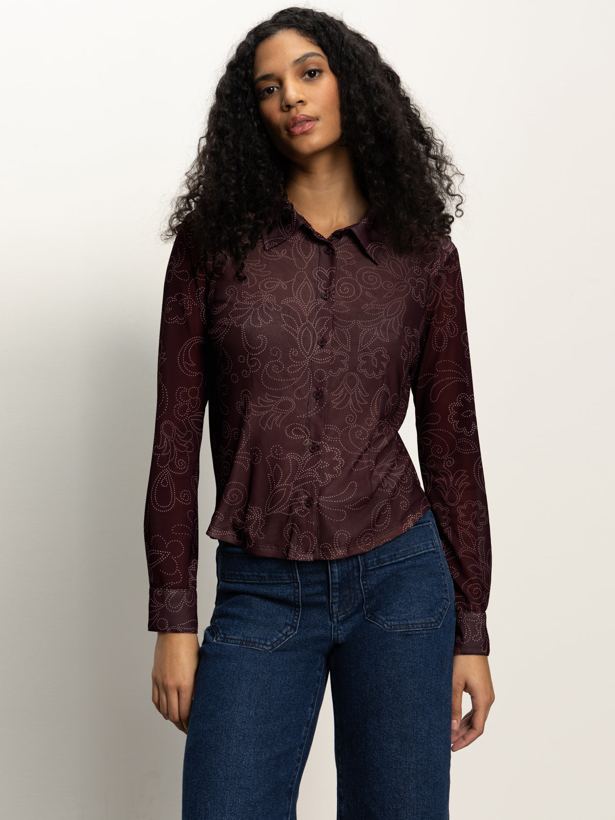 Fitted Mesh Button Down Top Boheme