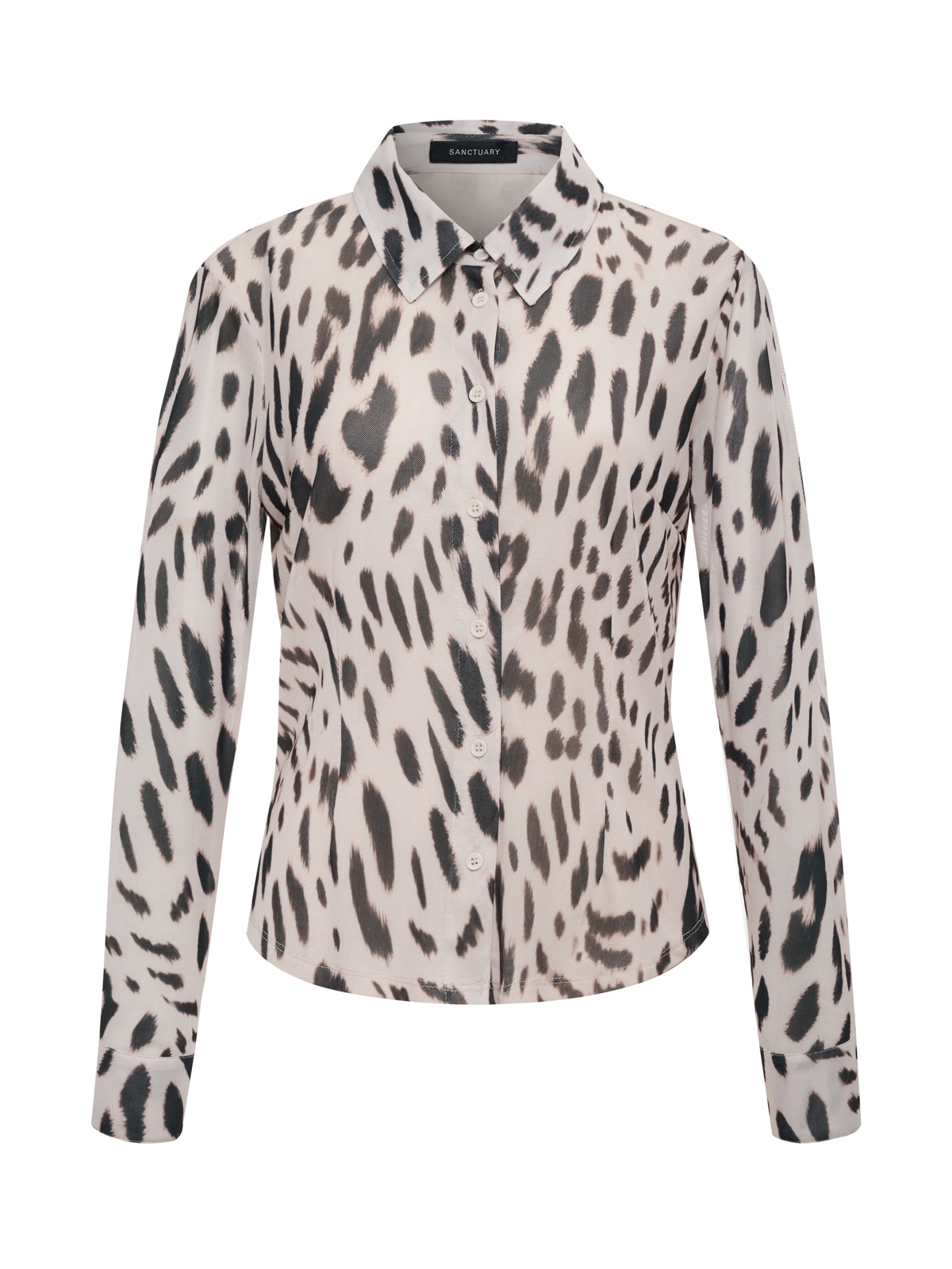 The Sanctuary Clothing fitted mesh button down top mother leo features long sleeves, a pointed collar, and a black and white animal print, shown on a plain white background.