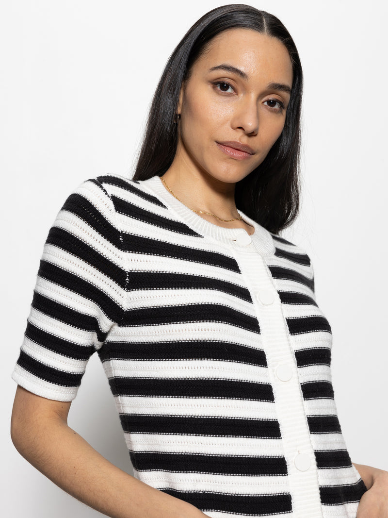 Button Front Knitted Dress Chalk And Black Stripe alt 2