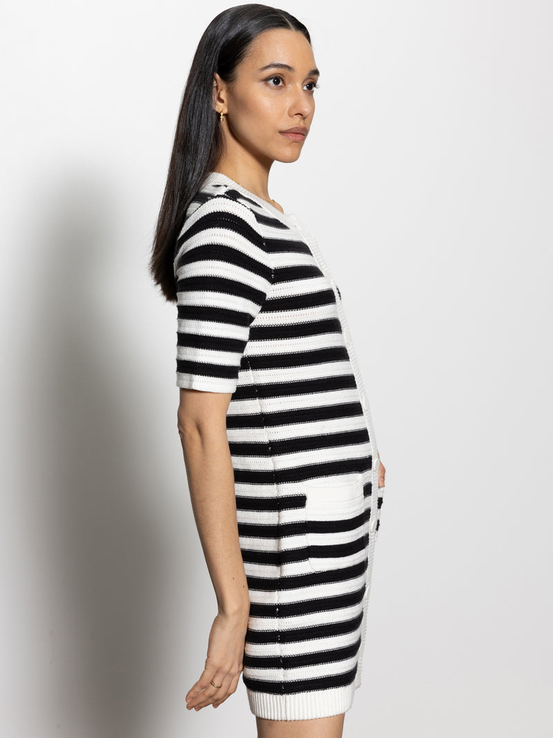 Button Front Knitted Dress Chalk And Black Stripe alt 3