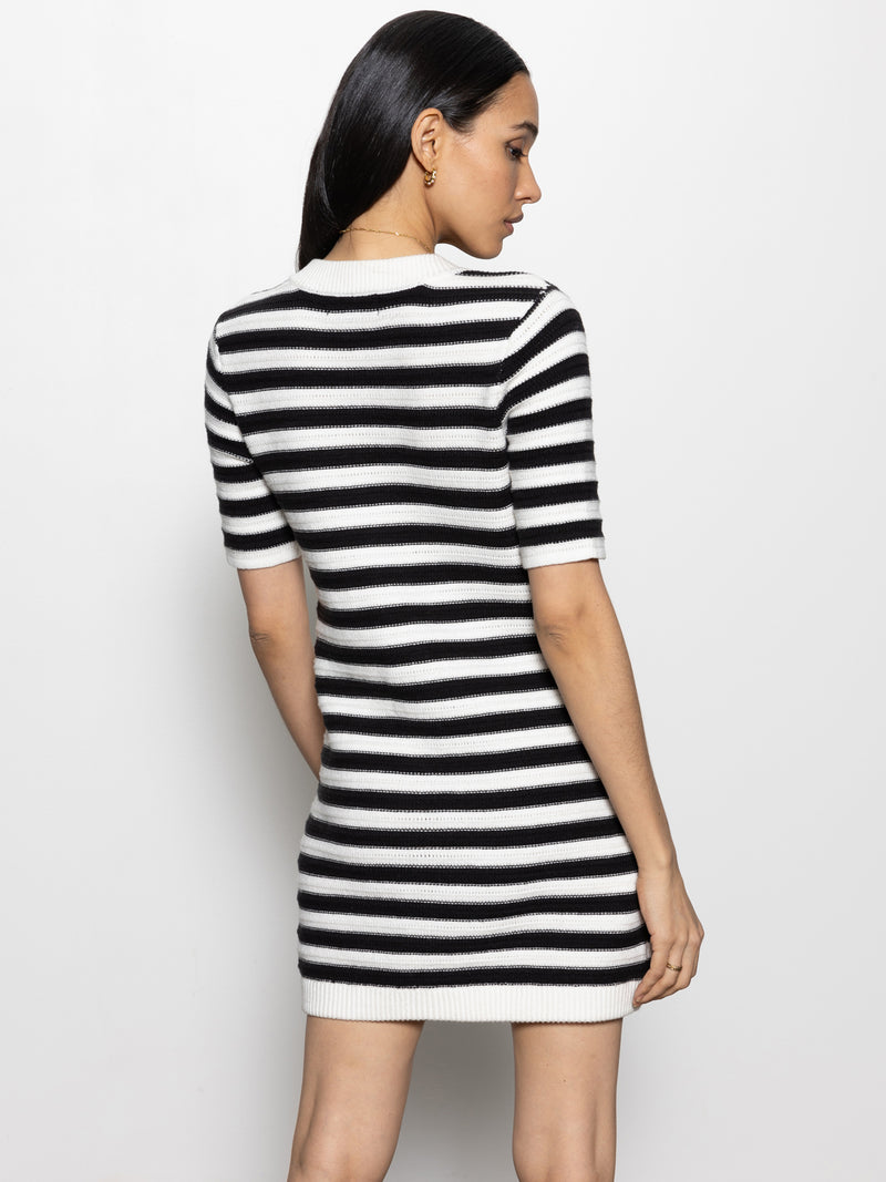 Button Front Knitted Dress Chalk And Black Stripe alt 1