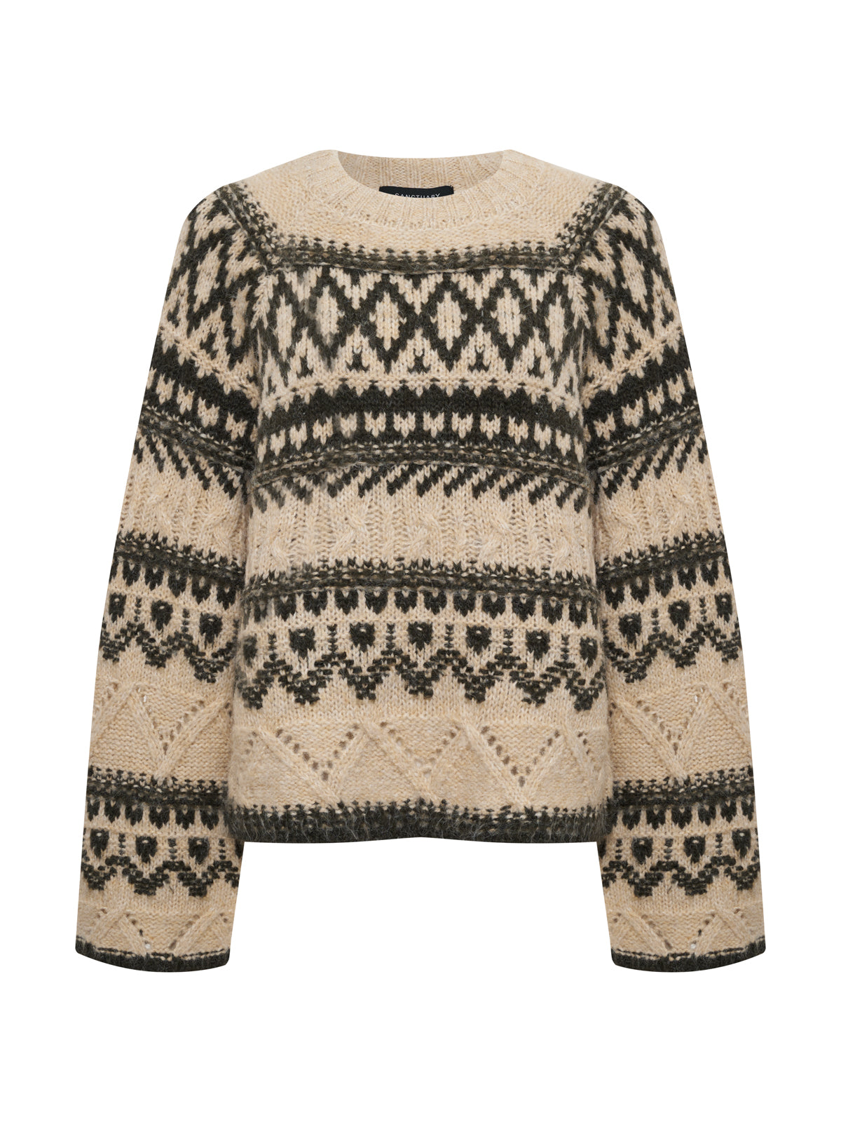 The Sanctuary Clothing fairisle crew neck sweater in light oat multi features black and dark brown geometric patterns, a classic crew neckline, long sleeves, and a cozy textured knit for a traditional look.