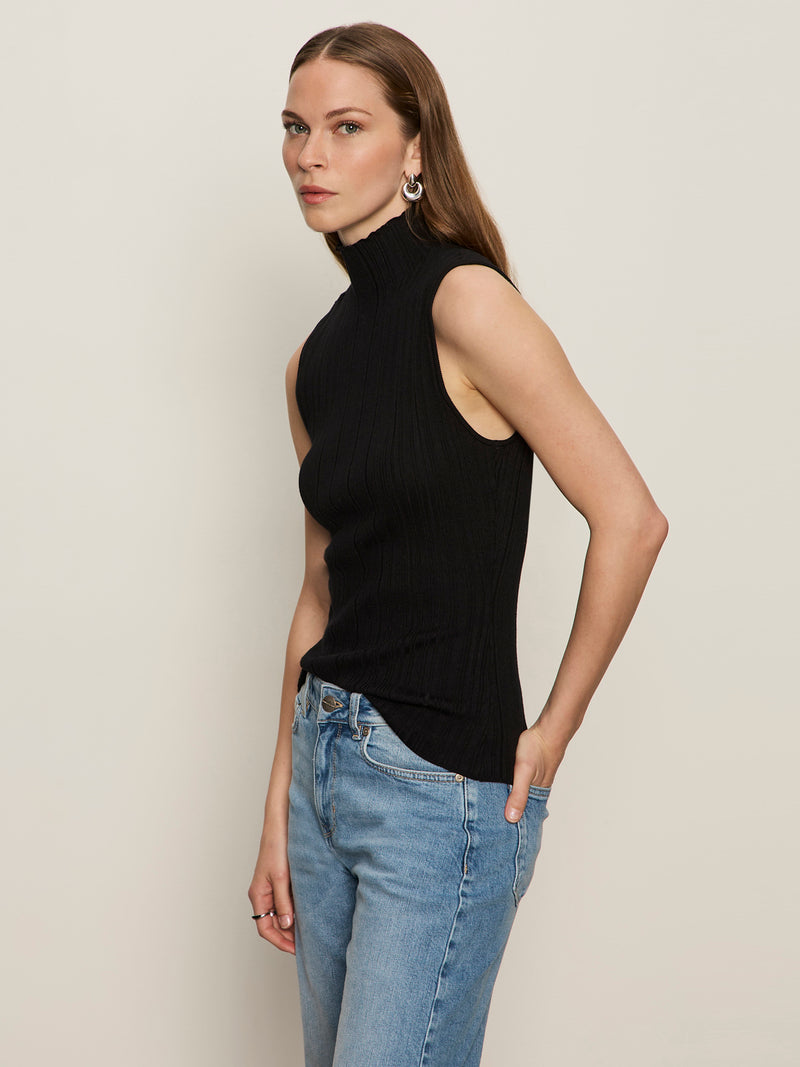 Ribbed Funnel Neck Top Black alt 2