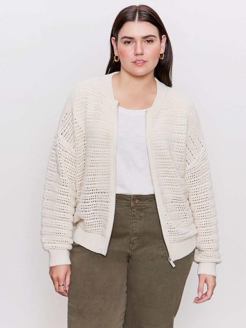 Open Knit Bomber Jacket Chalk Extended Sizing