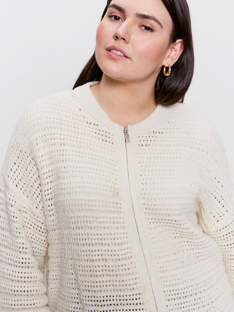 Open Knit Bomber Jacket Chalk Extended Sizing alt 1