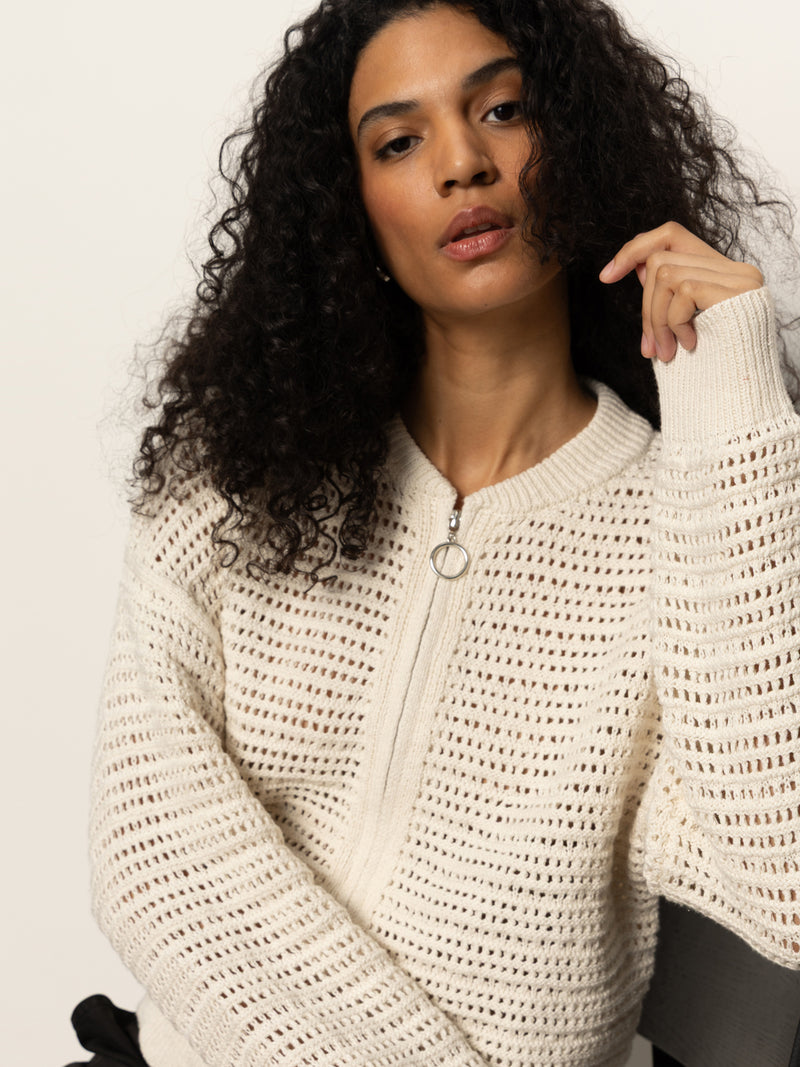 Open Knit Bomber Jacket Chalk