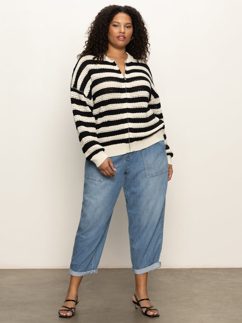 Open Knit Bomber Jacket Macrame Black Stripe Extended Sizing alt 3