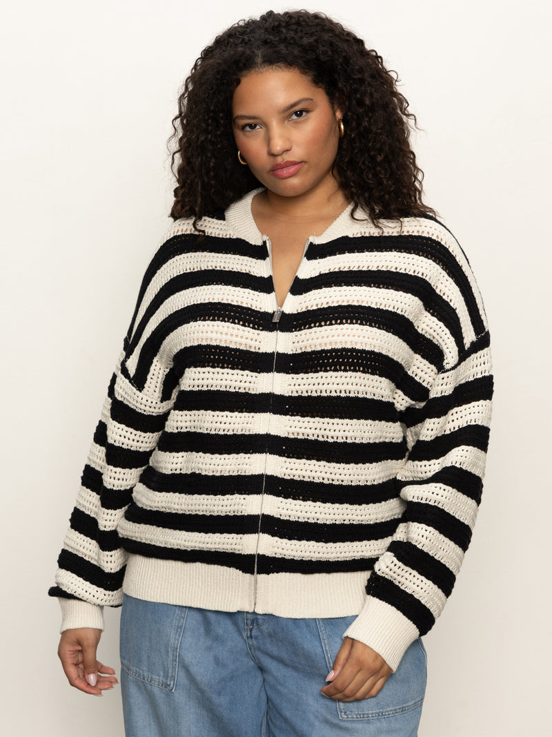 Open Knit Bomber Jacket Macrame Black Stripe Extended Sizing alt 1