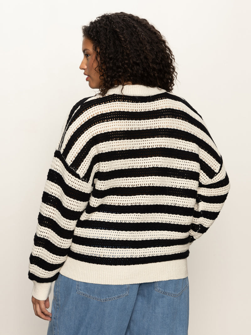 Open Knit Bomber Jacket Macrame Black Stripe Extended Sizing alt 2
