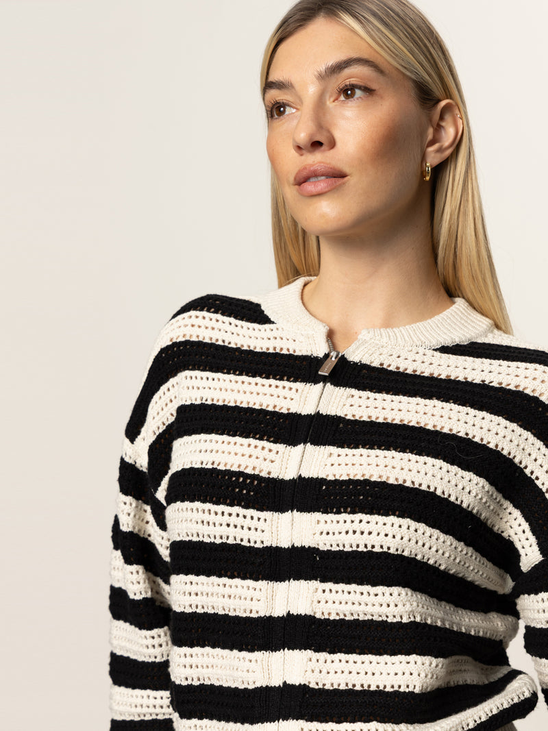 Open Knit Bomber Jacket Macrame Black Stripe alt 1