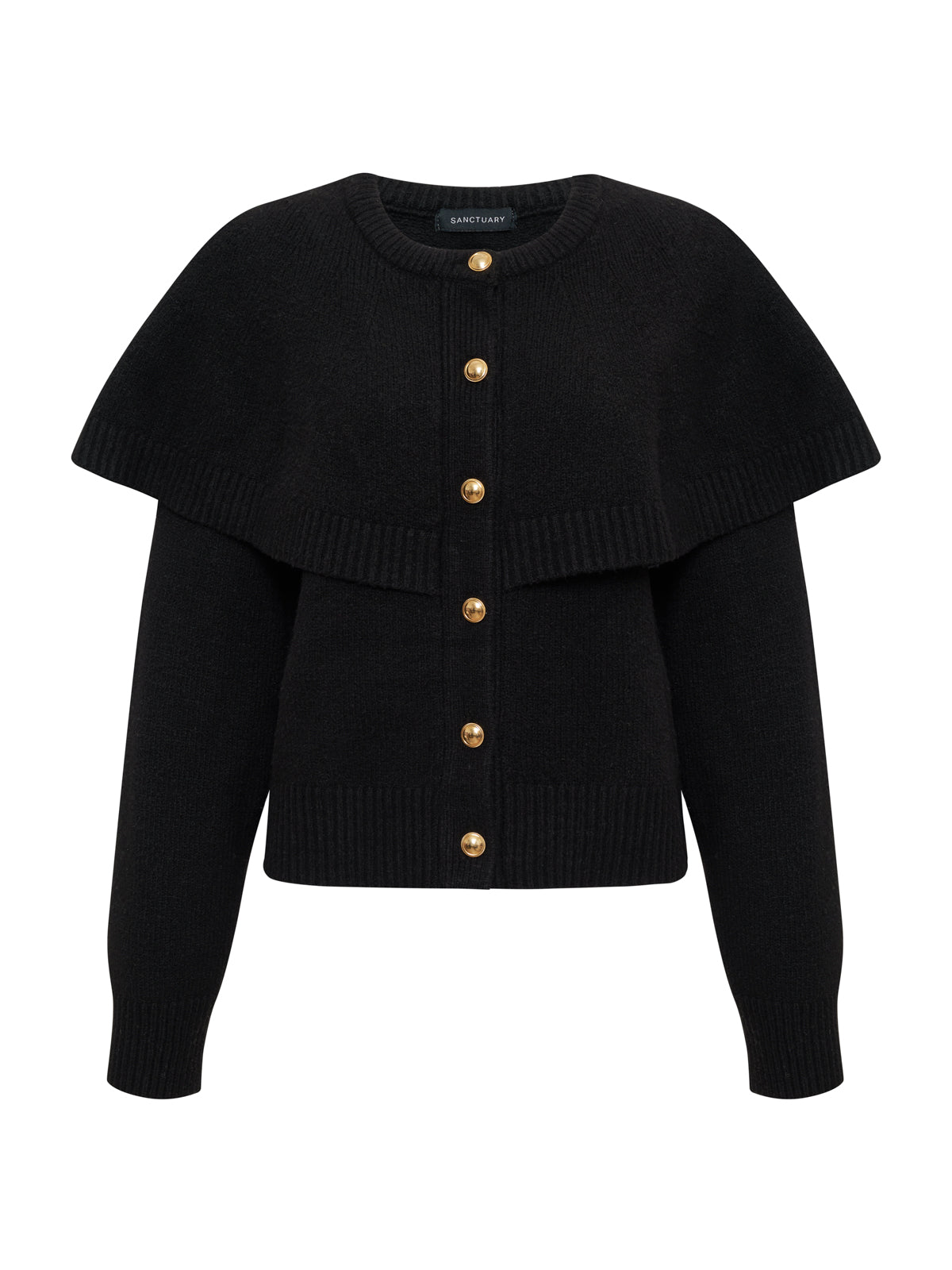 The Sanctuary Clothing Cape Cardi Black is a black long-sleeve cardigan featuring a cape-like shoulder layer and gold front buttons.