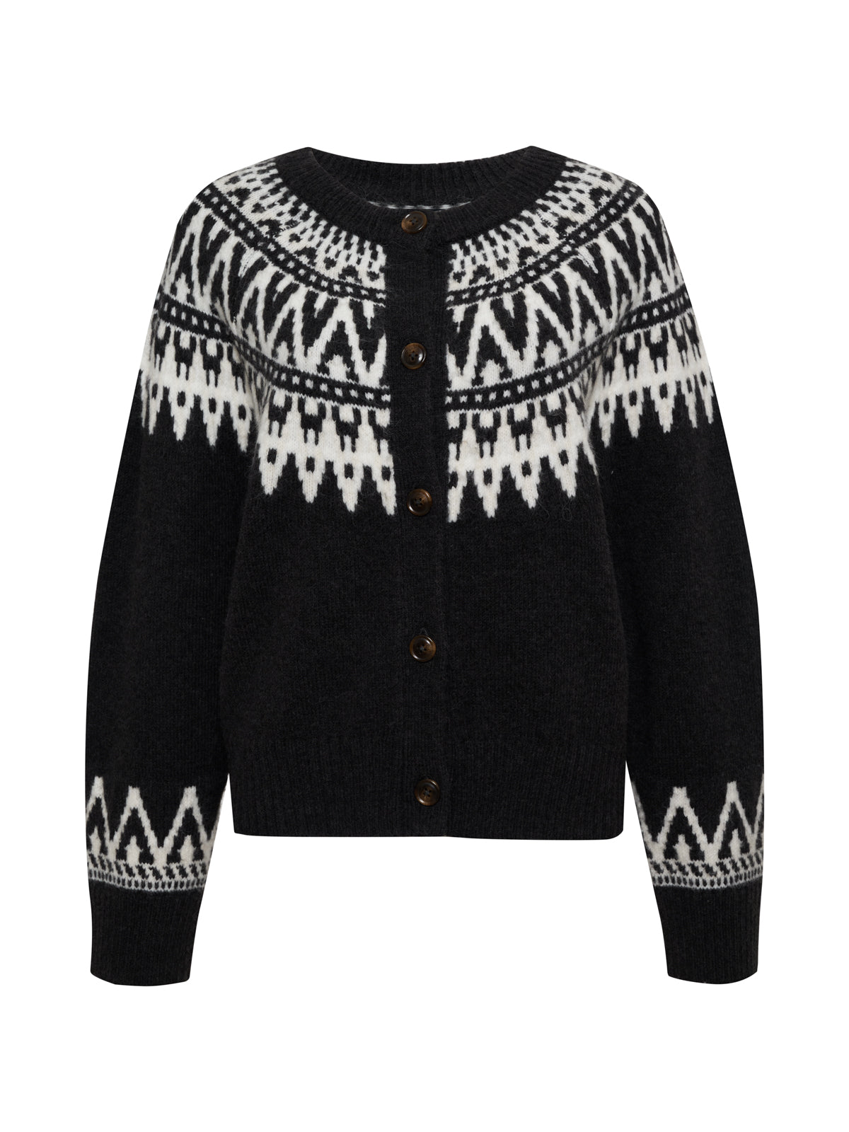 The fairisle crewneck cardi ink multi by Sanctuary Clothing is a black, long-sleeve button-up cardigan with a white geometric pattern on the yoke, cuffs, and hem. It features a round neckline and brown front buttons.