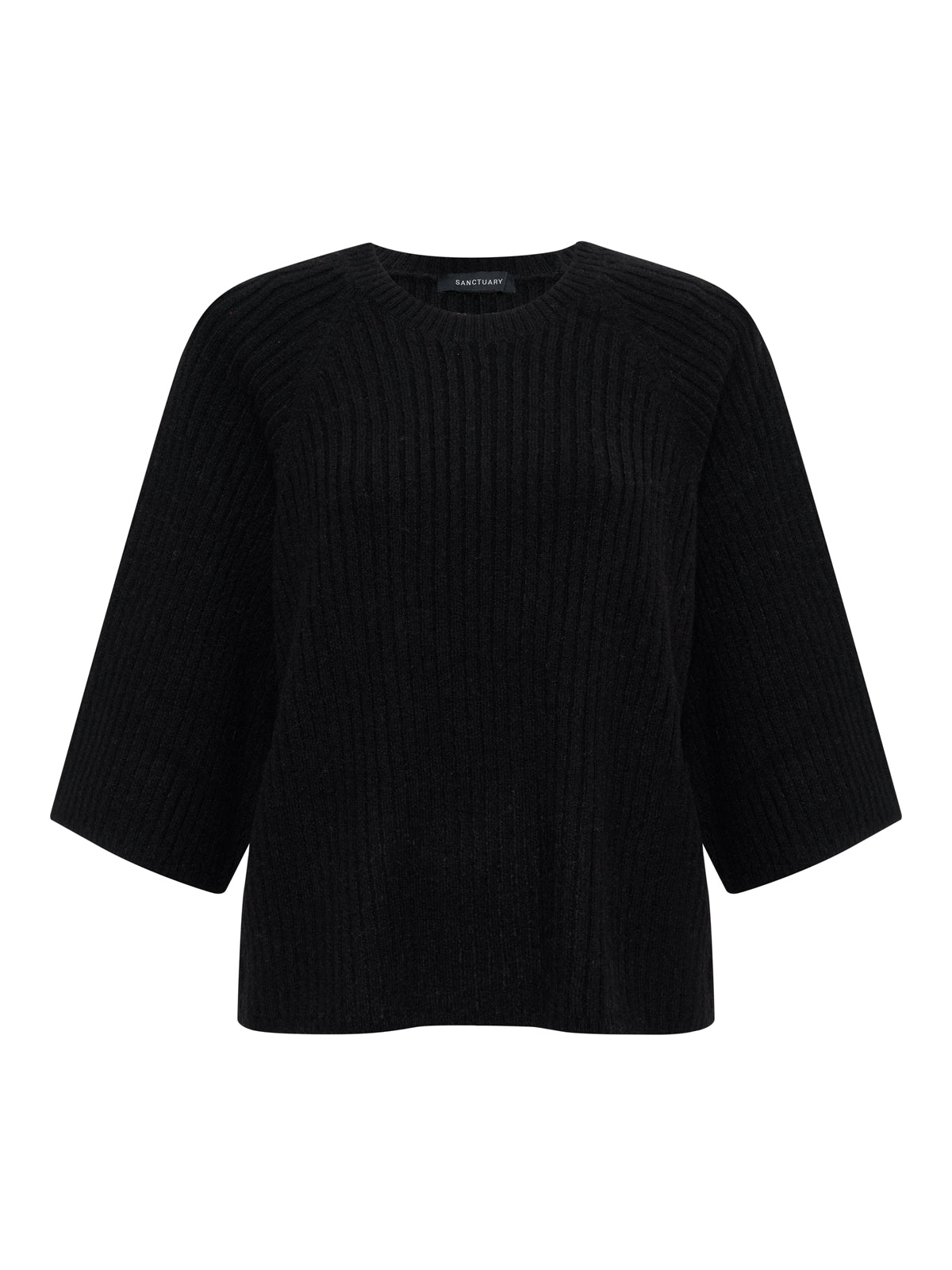 The Sanctuary Clothing ribbed sweater tee in black features wide, elbow-length sleeves and a crew neckline, shown against a plain white background.