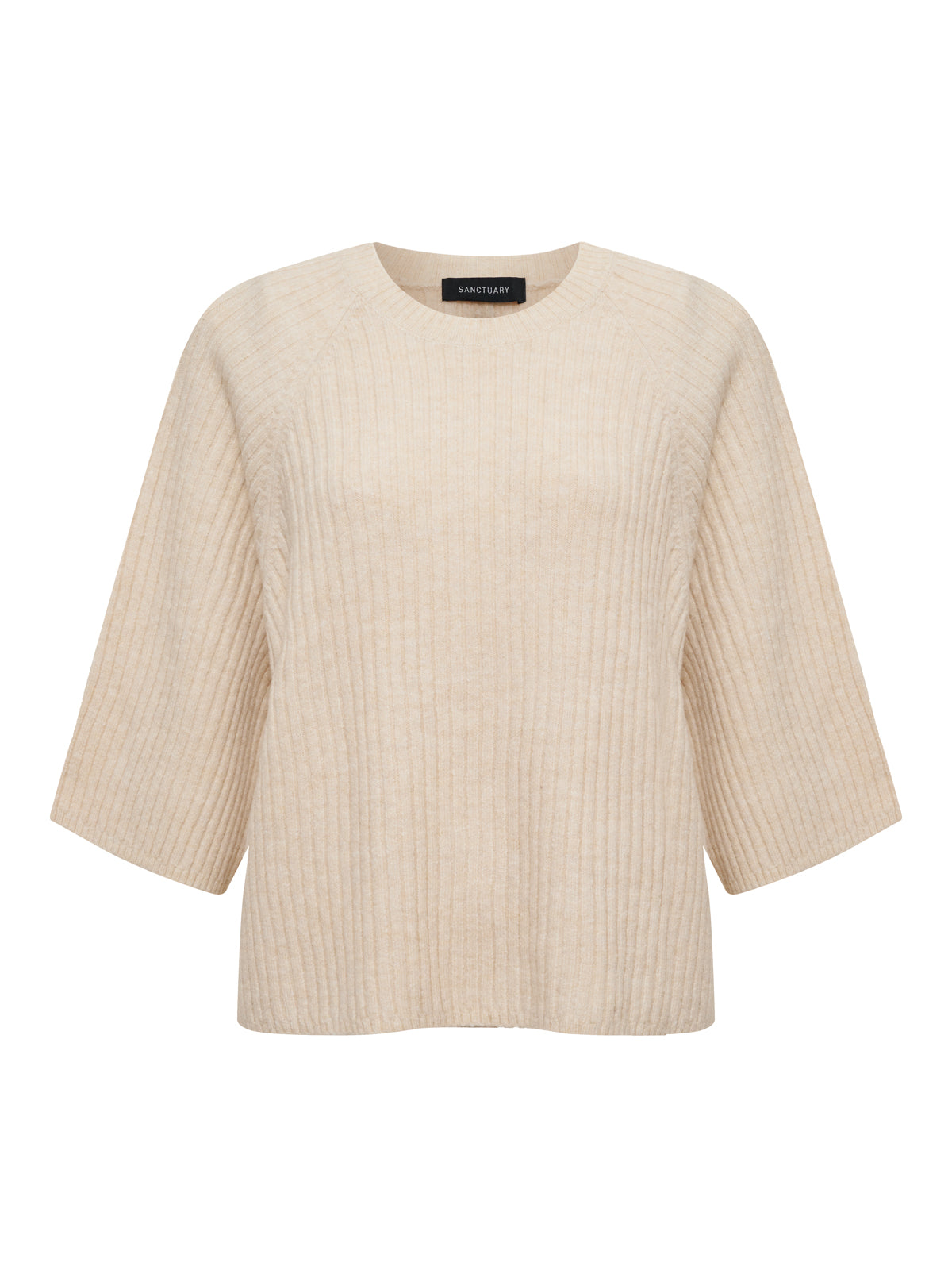 The ribbed sweater tee in mother of pearl by Sanctuary Clothing features a crew neckline and three-quarter sleeves, shown against a white background.