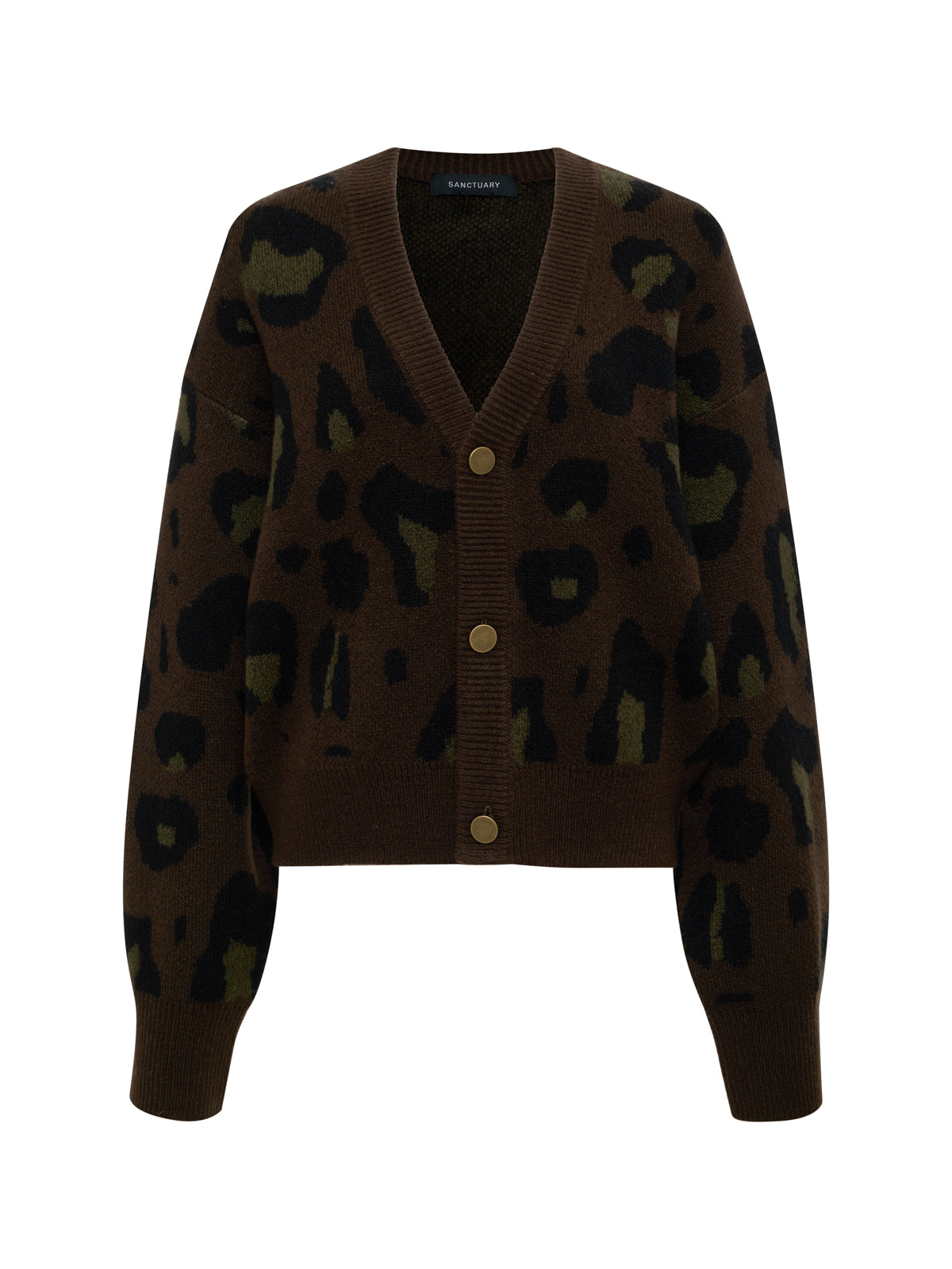 The meow cardi kitty camo by Sanctuary Clothing is a brown, button-up cardigan with black and olive green leopard print and long sleeves, shown on a plain white background.
