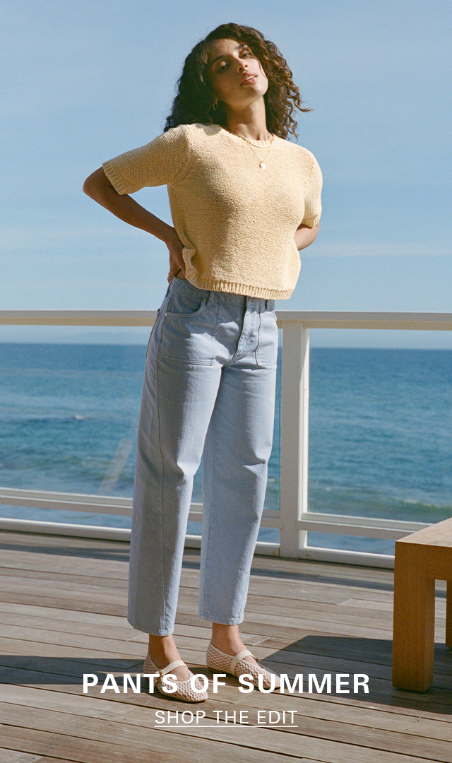 Woman in light blue denim. Shop the summer pant edit.