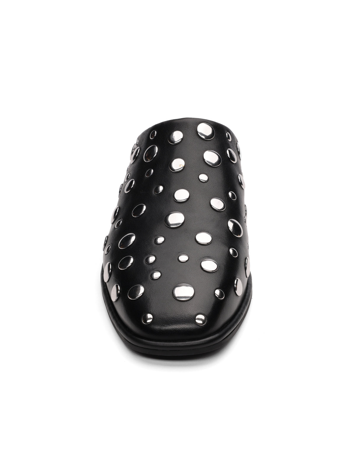 The Sanctuary Clothing bari studs mule black is a slip-on shoe shown from the front, with multiple silver circular cutout details of different sizes across the upper.