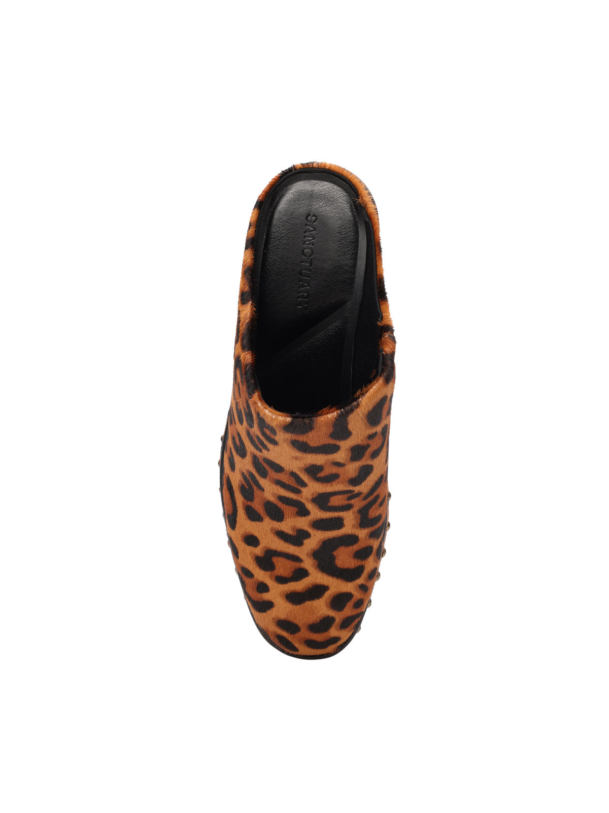A top view of the emersyn mule bistro by Sanctuary Clothing, a slip-on shoe featuring a brown and black leopard print, black interior lining, and a closed toe.