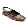 The Everly Slingback Flat Brown Black Snake by Sanctuary Clothing is a single women's slingback flat shoe with a stylish brown and black snakeskin pattern, featuring a squared toe, an adjustable ankle strap with a small buckle, and a low wooden block heel. The insole and lining are black.