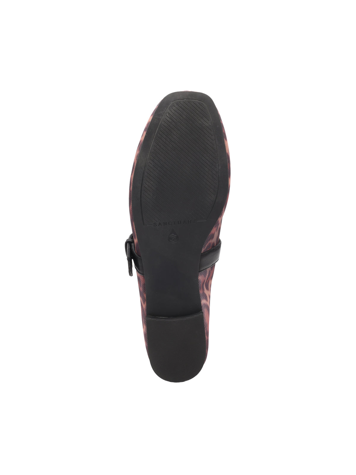 Bottom view of the Sanctuary Clothing gia maryjane ballet flat in tan and black, featuring a black textured sole, decorative upper, and a partially visible buckle strap on the side.