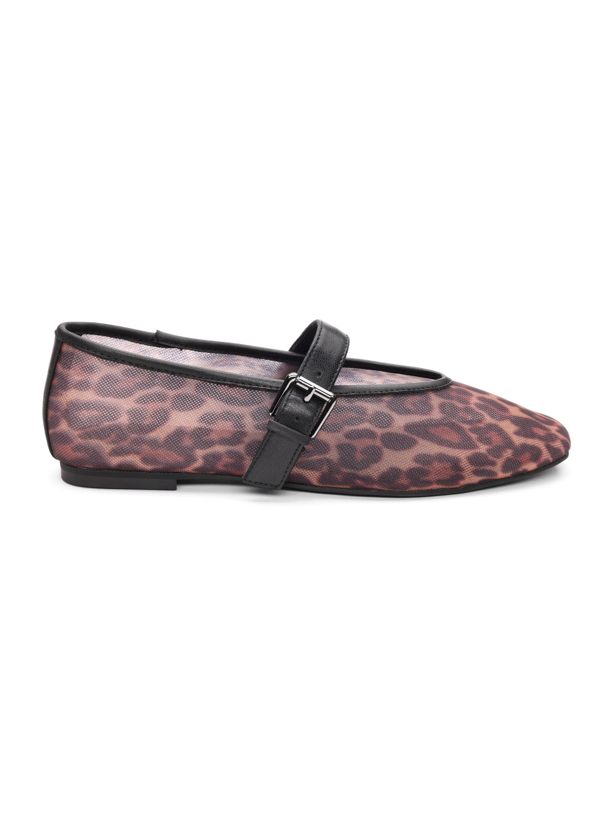 The Gia Maryjane Ballet Flat by Sanctuary Clothing features a tan and black sheer leopard print design with a black buckle strap.