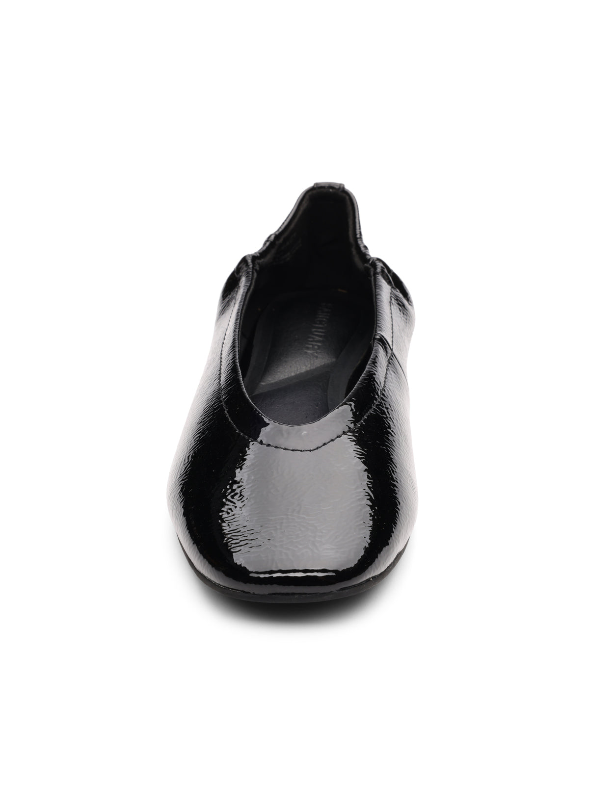Front view of the Sanctuary Clothing gigi ballet flat in black, featuring a shiny slip-on design with a rounded toe and simple style, photographed on a white background.