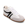 The Lola Sneaker by Sanctuary Clothing features a white upper with black stripes, white laces, a light gray suede toe cap, and a light brown sole, shown on a white background.