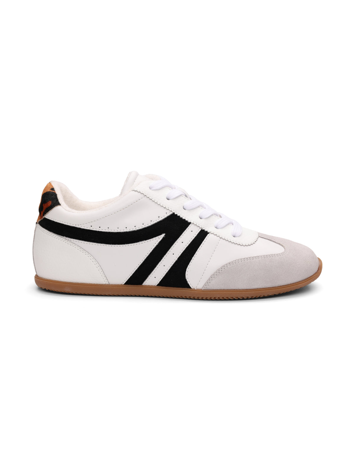 The lola sneaker white grey black by Sanctuary Clothing features white with black and gray accents, a brown gum sole, white laces, and a black striped side design, shown from the left.