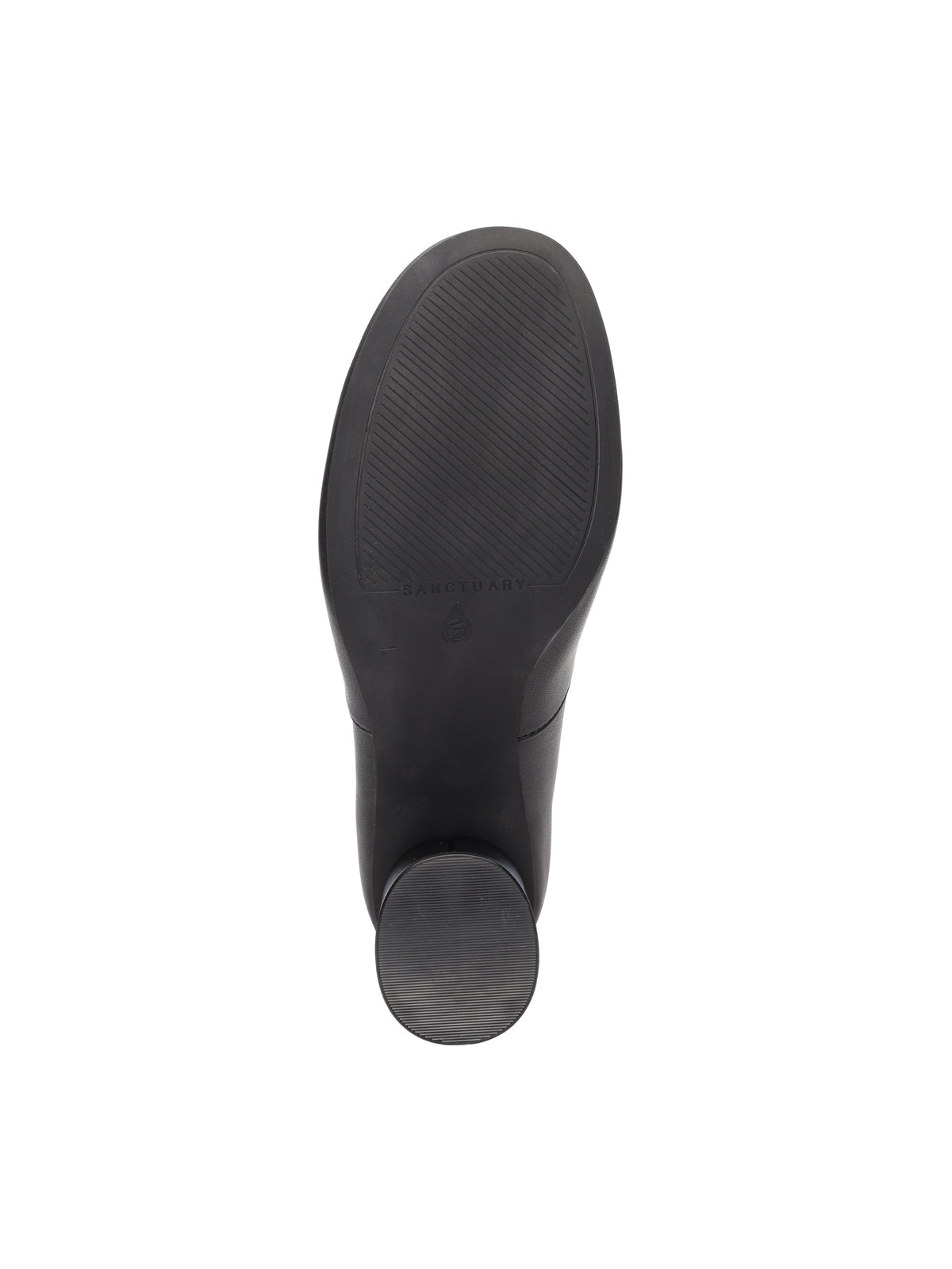 The image displays the bottom view of the Sanctuary Clothing rory stretch bootie in black, featuring a textured, non-slip sole and a round heel, photographed against a white background.