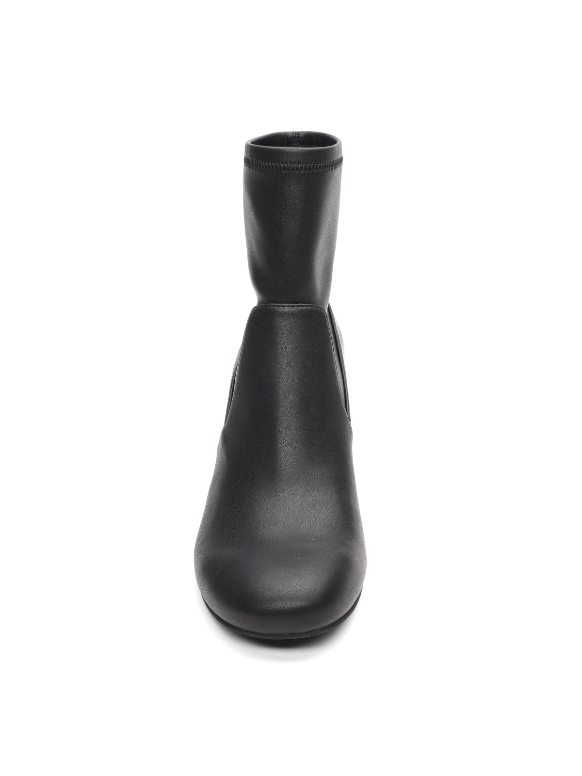 Front view of the Rory Stretch Bootie in black by Sanctuary Clothing, featuring a smooth leather finish, rounded toe, and fitted shaft against a plain white background.