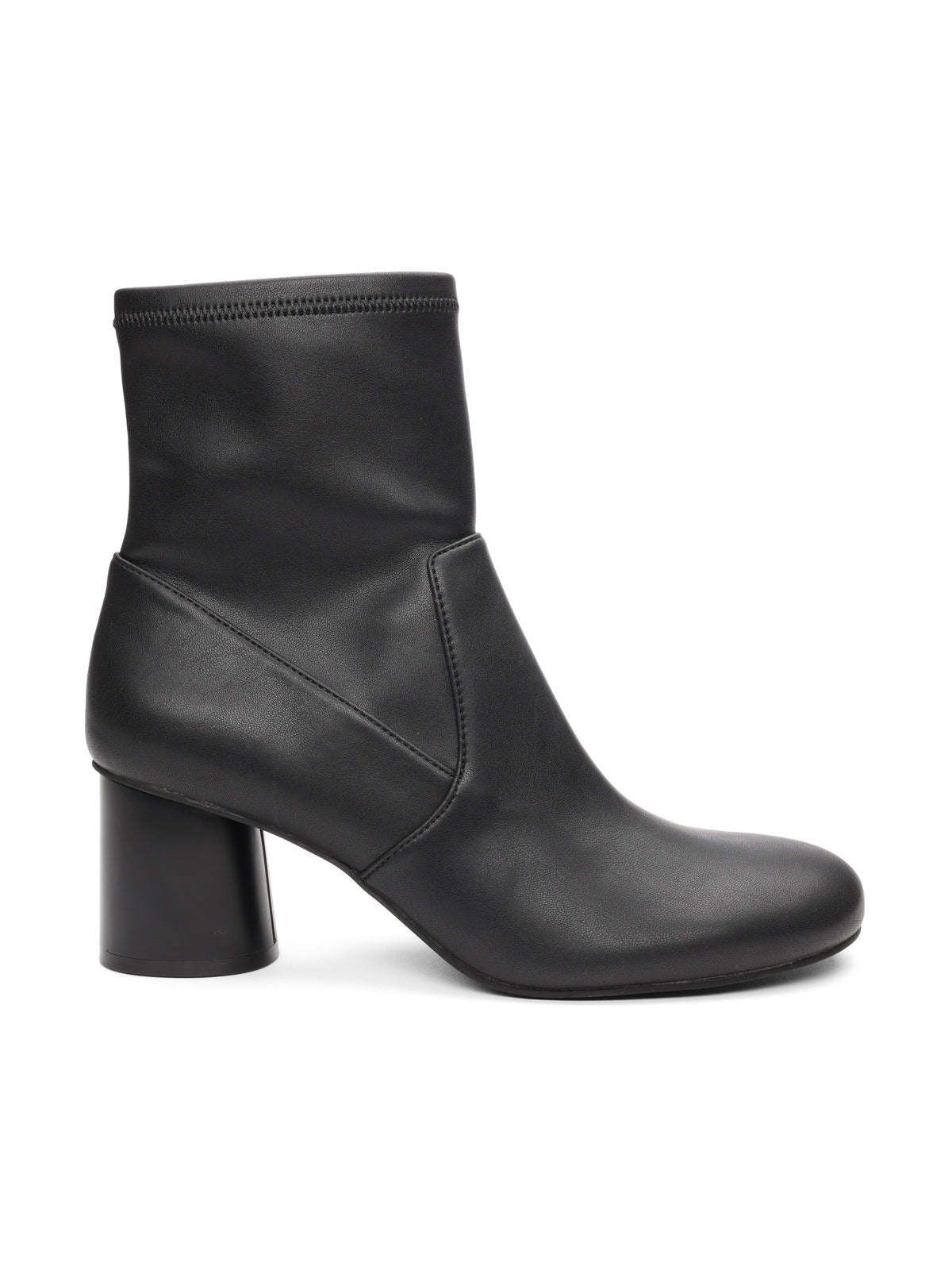The rory stretch bootie black by Sanctuary Clothing is a smooth leather, mid-calf boot with a rounded toe and thick medium block heel.